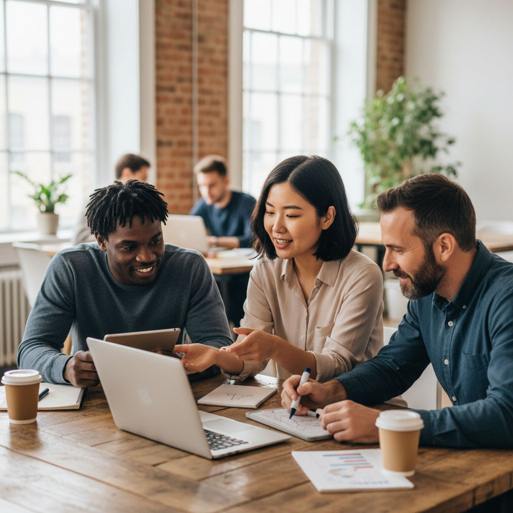 Three diverse colleagues working together at a table in an office, discussing a laptop and documents. Represents modern, collaborative teamwork and adapting to hybrid roles.
