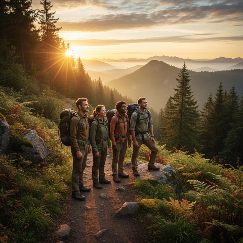 Four diverse hikers with backpacks standing on a mountain path, looking out at a scenic valley with a sunrise. Represents forging a new path forward and embracing new directions.