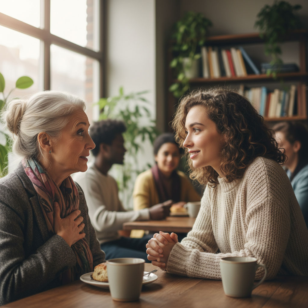 An older woman and a younger woman having a warm, authentic conversation at a coffee shop table. Represents meaningful donor engagement and the power of authentic conversations.