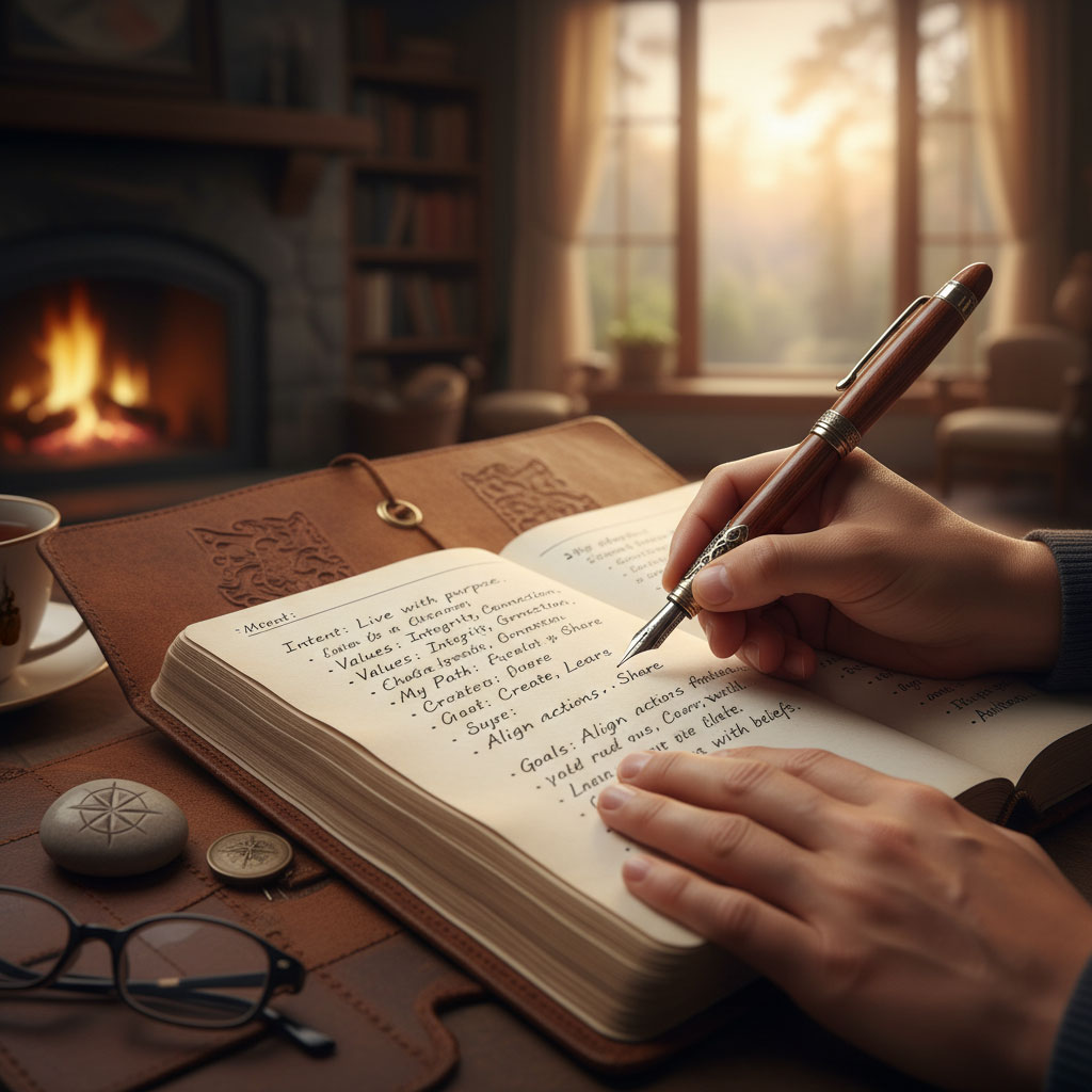 A person's hands holding a vintage fountain pen and writing in a journal or ledger, focusing on personal intent and values.