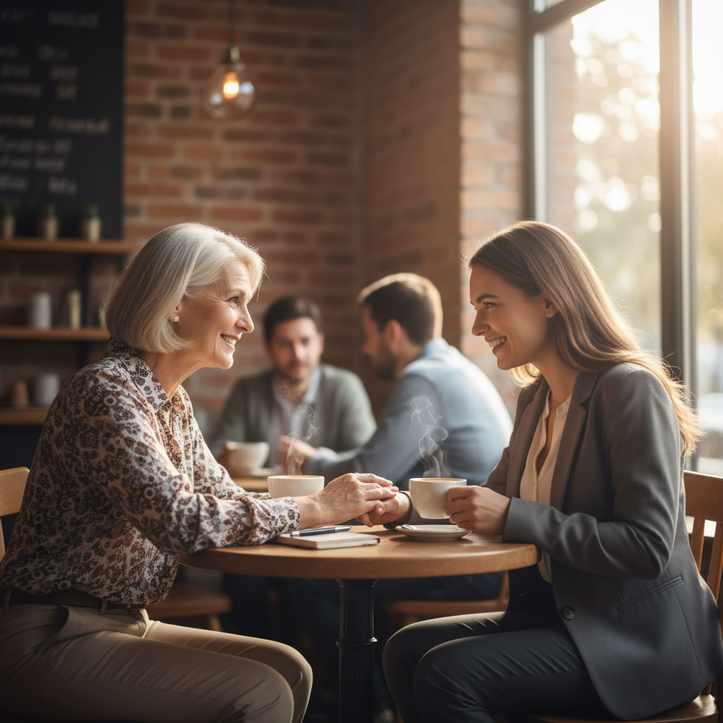 Two women having a warm, engaging conversation at a coffee shop table, representing authentic donor storytelling.