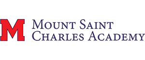 A red letter "M" next to the words "Mount Saint Charles Academy" in blue text on a white background.