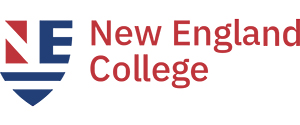 New England College logo with red and blue emblem and text.