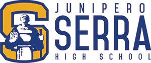 Junipero Serra High School logo with large "S" and a monk figure holding a book and cross.