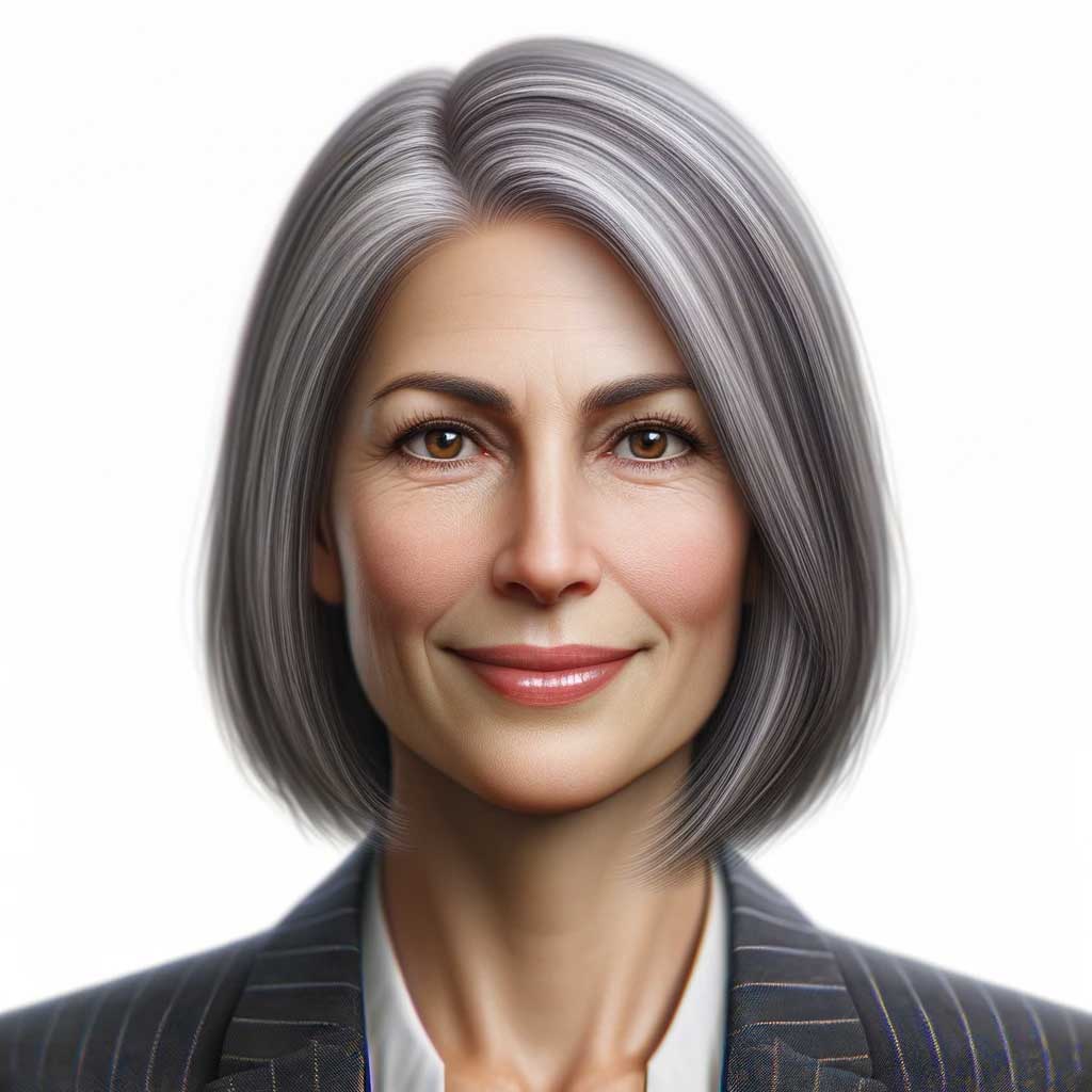 A confident older woman with gray bobbed hair, smiling and wearing a pinstripe blazer against a white background.