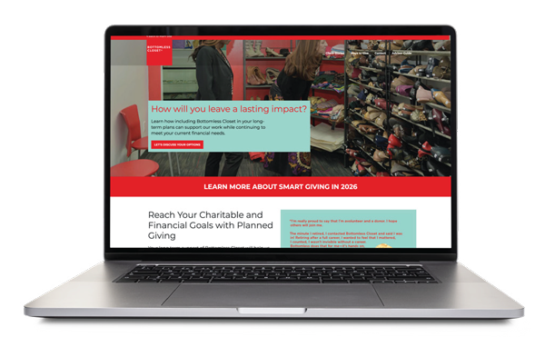 Laptop screen displays a website about planned giving, with the headline "How will you leave a lasting impact?.